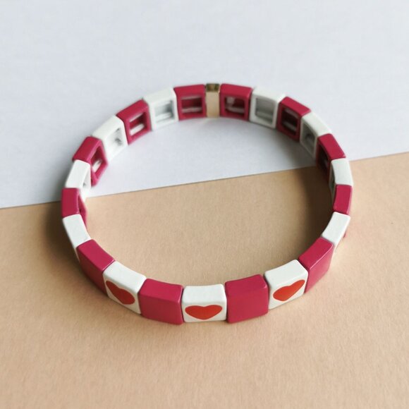 Roxanne Assoulin All Heart Enameled Stretch Bracelet Gold Pink White - Picture 2 of 4